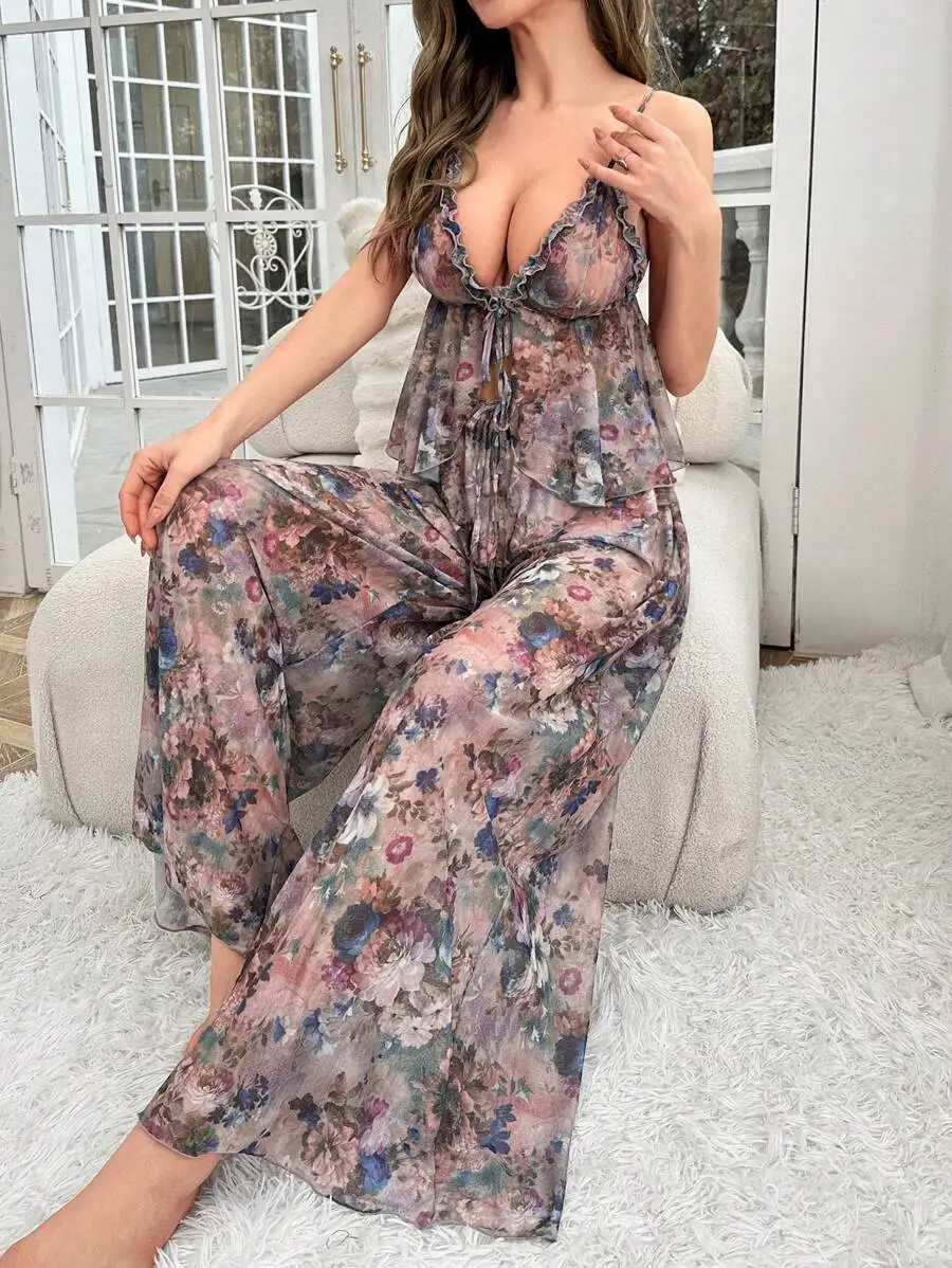 Floral Print Tie Front Mesh Pajama Set For Women
Floral Print Tie Front Mesh Pajama Set For Women