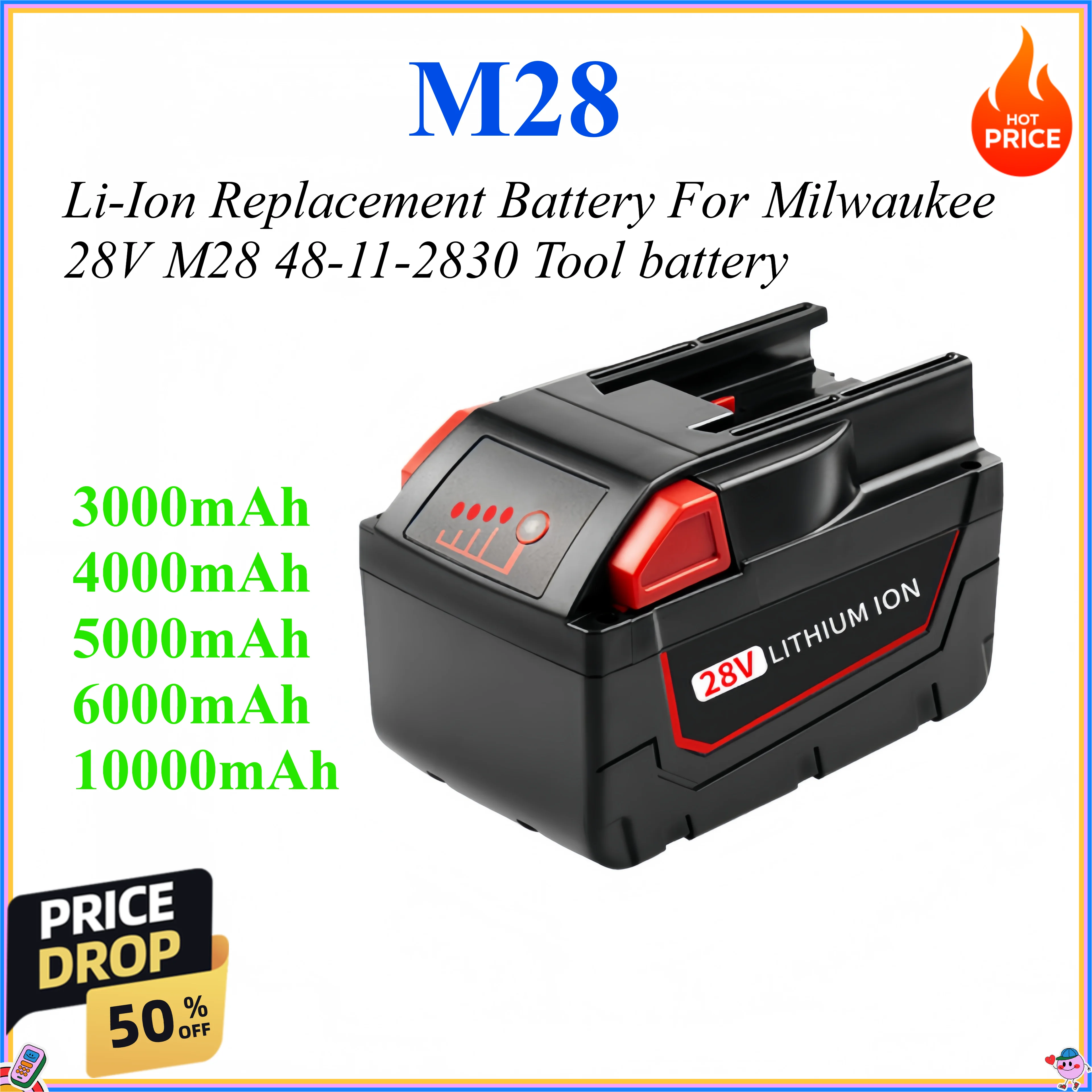 28V 12.0Ah For Milwaukee M28 Battery Li-Ion Replacement Battery For Milwaukee 28V M28 48-11-2830 Tool battery
28V 12.0Ah For Milwaukee M28 Battery Li-Ion Replacement Battery For Milwaukee 28V M28 48-11-2830 Tool battery