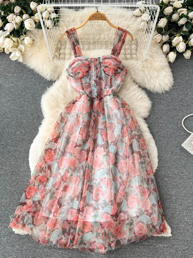 Women French Floral Camisole A-line Chiffon Print Dress Summer Sleeveless High Waist Slim Seaside Vacation Robe Vestidos
Women French Floral Camisole A-line Chiffon Print Dress Summer Sleeveless High Waist Slim Seaside Vacation Robe Vestidos