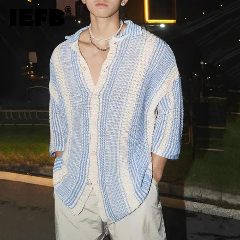 IEFB American Style Men's Shirts Casual Stripe Knitting Contrast Color Lapel Short Sleeve Loose Male Tops New Trend 9C6646
IEFB American Style Men's Shirts Casual Stripe Knitting Contrast Color Lapel Short Sleeve Loose Male Tops New Trend 9C6646