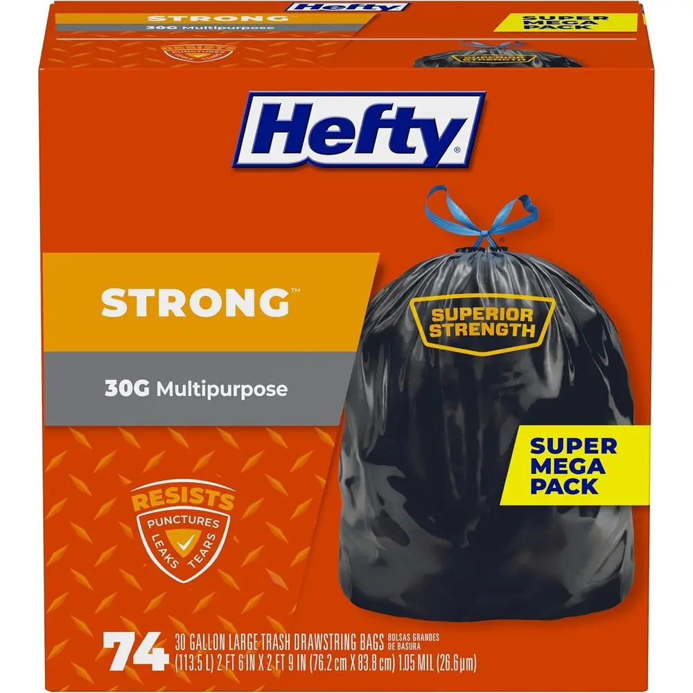 Durable Heavy-Duty Black Trash Bags, 30 Gallons, 74 Pack
Durable Heavy-Duty Black Trash Bags, 30 Gallons, 74 Pack