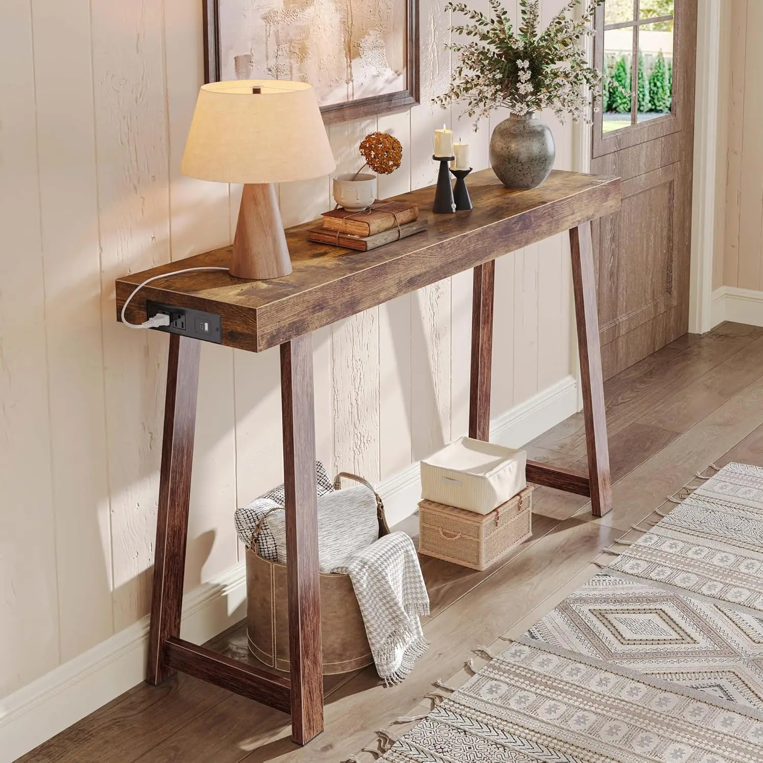 47.2 Inch Entryway Console Table with Charging Station, USB-C Port, Metal Legs, Thicker Desktop, Modern Rustic Brown Sofa Table
47.2 Inch Entryway Console Table with Charging Station, USB-C Port, Metal Legs, Thicker Desktop, Modern Rustic Brown Sofa Table
