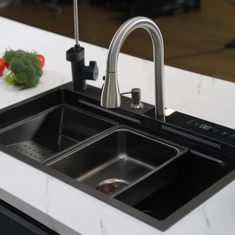 【Best-selling】Stainless Steel Handmade Smart Waterfall Multifunction Nano Black Kitchen Sink Gourmet Kitchen Sink With Accessori
【Best-selling】Stainless Steel Handmade Smart Waterfall Multifunction Nano Black Kitchen Sink Gourmet Kitchen Sink With Accessori