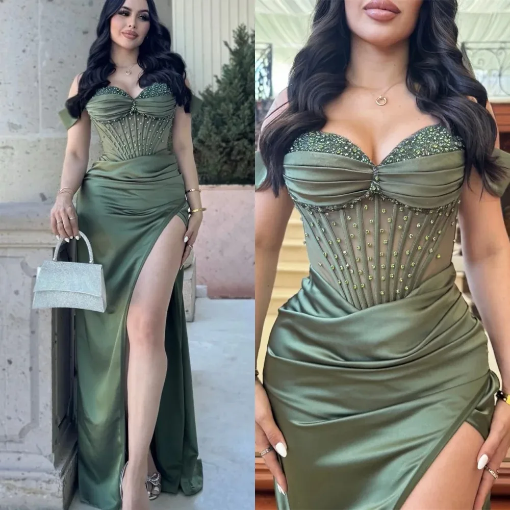 Green Satin Mermaid Prom Dresses Sweetheart High Side Slit Off the Shoulder Beading Sequins Formal Party Gown Vestido De Festa
Green Satin Mermaid Prom Dresses Sweetheart High Side Slit Off the Shoulder Beading Sequins Formal Party Gown Vestido De Festa