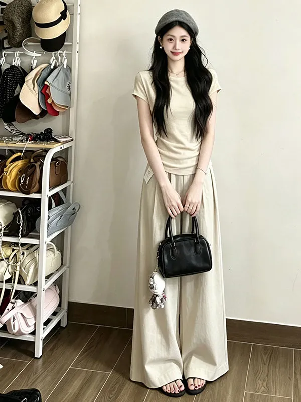 Chic Summer Outfit Two-Piece Set Slimming Short Sleeve T-Shirt High Waist Draped Wide Leg Pants Trendy Casual Style for Women
Chic Summer Outfit Two-Piece Set Slimming Short Sleeve T-Shirt High Waist Draped Wide Leg Pants Trendy Casual Style for Women