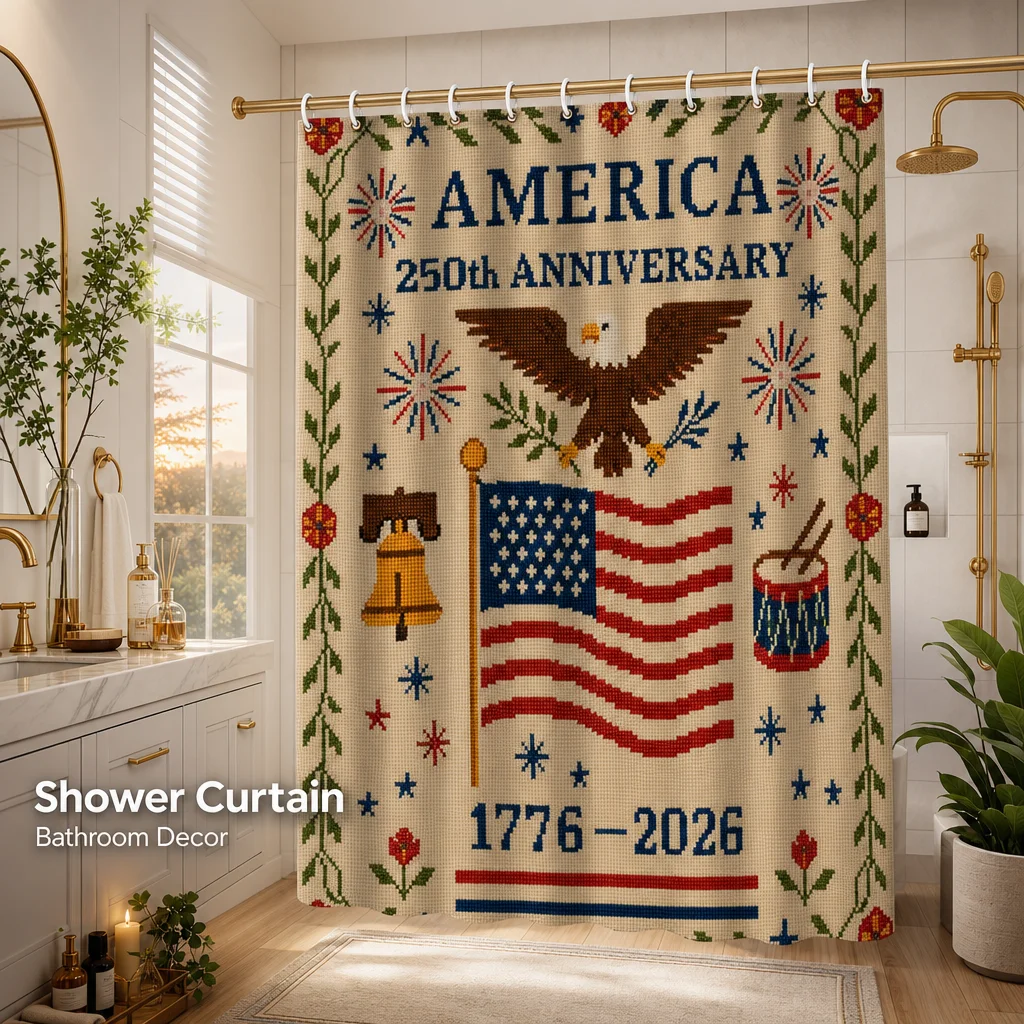 America 250th Anniversary Shower Curtain 1776-2026 Patriotic Cross Stitch Style Pattern Eagle Flag Bell Drum Bathroom Decor Decorative Fabric Bath Curtain for Tub Shower Room Includes 12 Plastic Hooks Vintage Holiday Themed Home Decoration Accessories
America 250th Anniversary Shower Curtain 1776-2026 Patriotic Cross Stitch Style Pattern Eagle Flag Bell Drum Bathroom Decor Decorative Fabric Bath Curtain for Tub Shower Room Includes 12 Plastic Hooks Vintage Holiday Themed Home Decoration Accessories