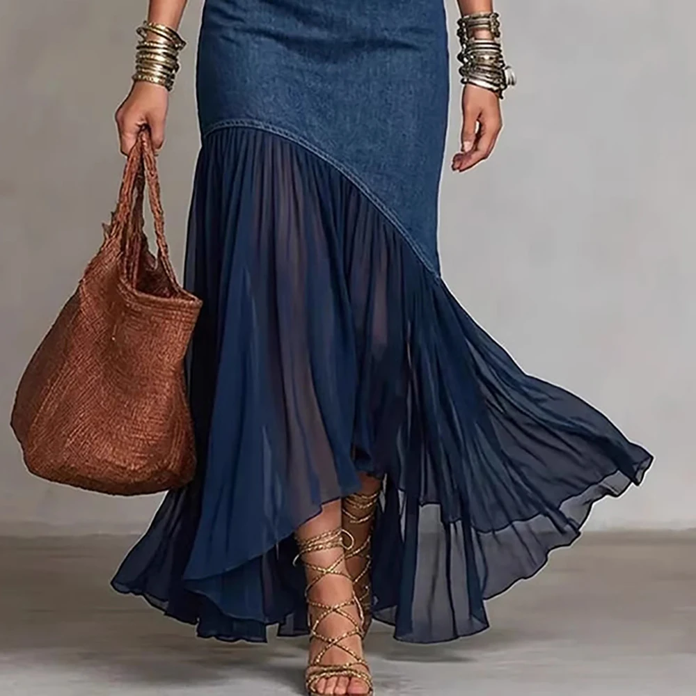 Women's Vintage Denim Patchwork Maxi Dress Elegant Off Shoulder Pleated Mesh Sheer Ruffle Hem High Street Fishtail Long Dresses
Women's Vintage Denim Patchwork Maxi Dress Elegant Off Shoulder Pleated Mesh Sheer Ruffle Hem High Street Fishtail Long Dresses