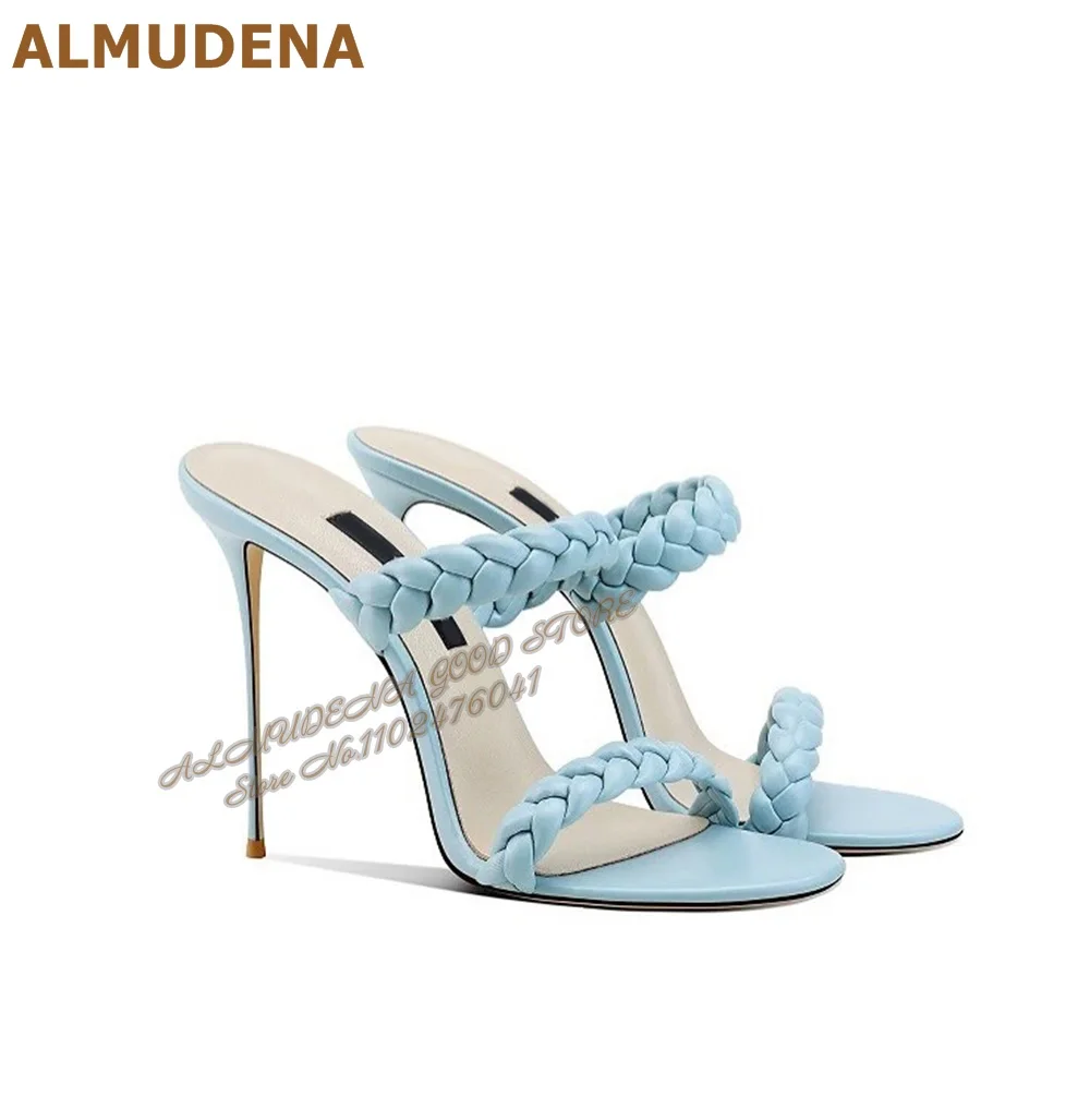 ALMUDENA Sky Blue Pink Bradied Modern Slippers Thin High Heel Plaited Straps Mules Slip-On Elegant Dress Sandals Banquet Pumps
ALMUDENA Sky Blue Pink Bradied Modern Slippers Thin High Heel Plaited Straps Mules Slip-On Elegant Dress Sandals Banquet Pumps