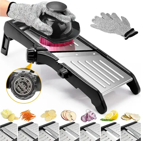 Adjustable Stainless Steel Mandoline Slicer, 7-in-1 Blade for Vegetables Onion Potato Chips, Includes Cut-Resistant Gloves