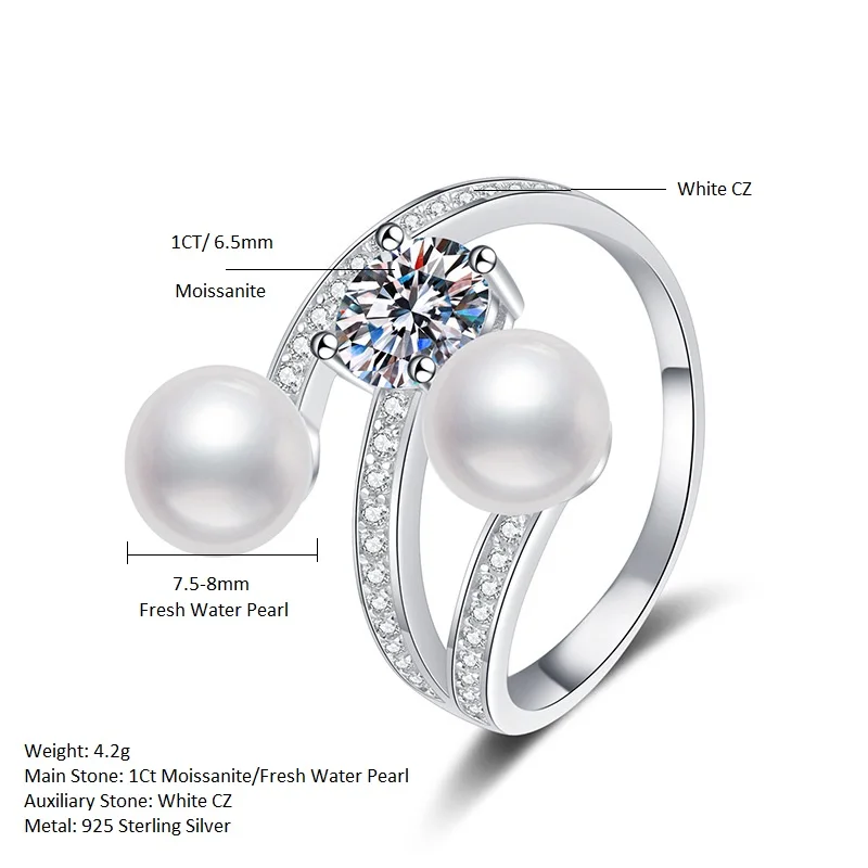 925 Sterling Silver Sparking Moissanite Natural 100% Fresh Water Pearl Wedding Engagement Open Ring for Women Fine Jewelry Gifts
925 Sterling Silver Sparking Moissanite Natural 100% Fresh Water Pearl Wedding Engagement Open Ring for Women Fine Jewelry Gifts