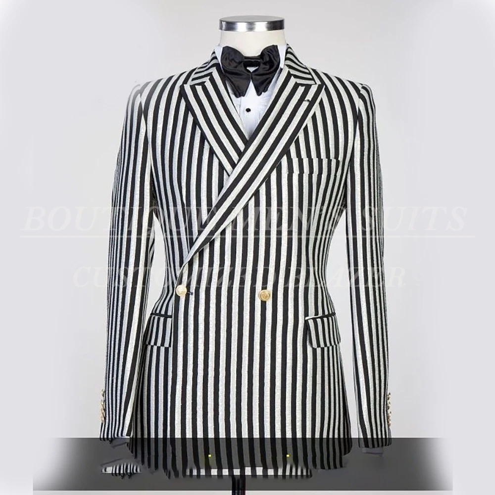 Bespoke White and Black Stripe Men's Suits Outfits Chic Double Breasted Peak Lapel Slim Fit 2 Piece Jacket Pants Sets Terno
Bespoke White and Black Stripe Men's Suits Outfits Chic Double Breasted Peak Lapel Slim Fit 2 Piece Jacket Pants Sets Terno