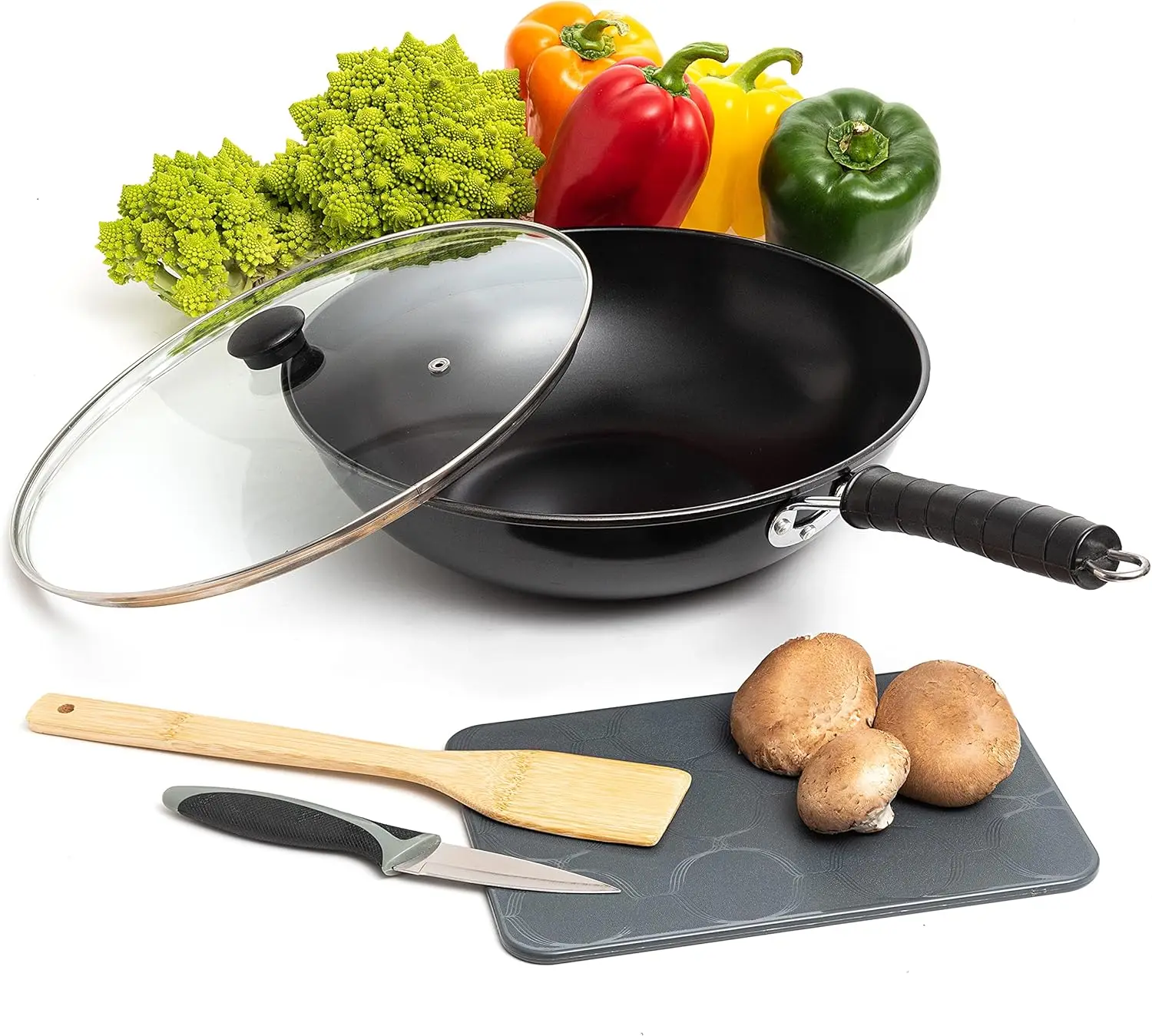 5-Piece Carbon Steel Wok Set with Glass Lid, Spatula, Board & Knife - Works on Electric, Induction & Gas Stoves
5-Piece Carbon Steel Wok Set with Glass Lid, Spatula, Board & Knife - Works on Electric, Induction & Gas Stoves