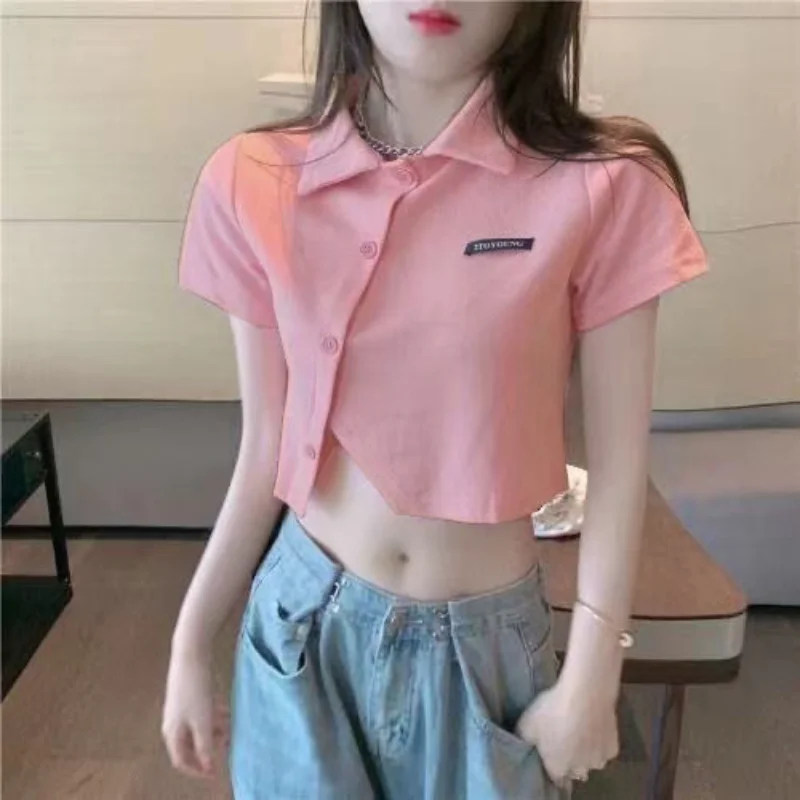 Polo Neck Shirt Button Women's T Shirts Plain Crop Top Youth Y2k Fashion Clothes High Quality V with Collar Synthetic Aesthetic
Polo Neck Shirt Button Women's T Shirts Plain Crop Top Youth Y2k Fashion Clothes High Quality V with Collar Synthetic Aesthetic