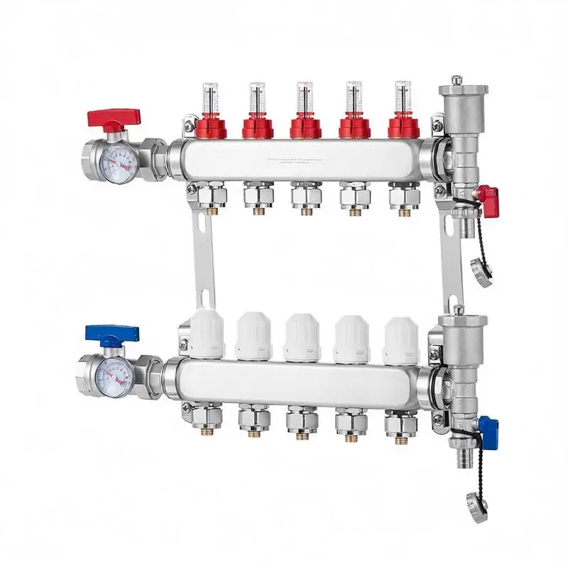 Floor Radiant Heating Distribution System 1/2" PEX Tubing For Residential Heating, Commercial HVAC, Industrial Flooring, 5-Branch Radiant Heat Assembly Temperature Gauges Flow Meters Brass Construction
Floor Radiant Heating Distribution System 1/2" PEX Tubing For Residential Heating, Commercial HVAC, Industrial Flooring, 5-Branch Radiant Heat Assembly Temperature Gauges Flow Meters Brass Construction