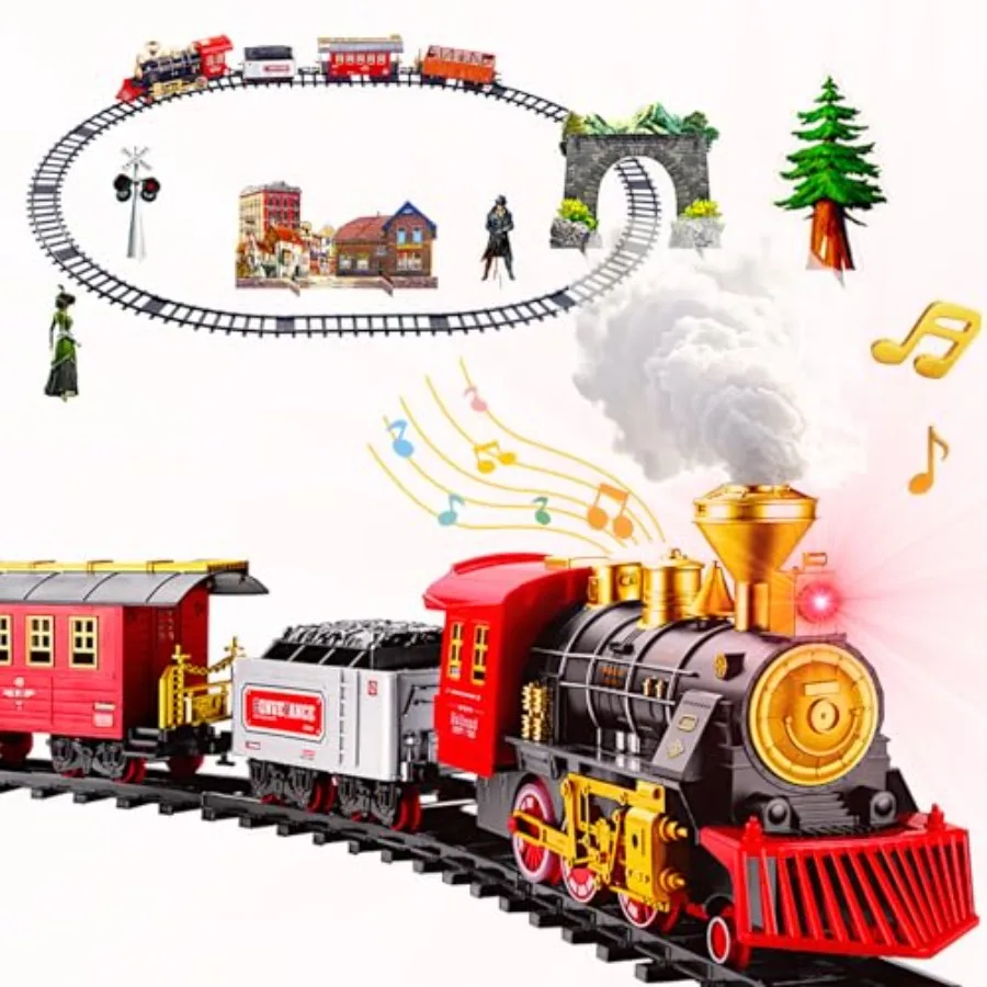 Christmas tree decoration: retro steam train set with metal locomotive, red black finish, smoke effect, sound lights, electric
Christmas tree decoration: retro steam train set with metal locomotive, red black finish, smoke effect, sound lights, electric