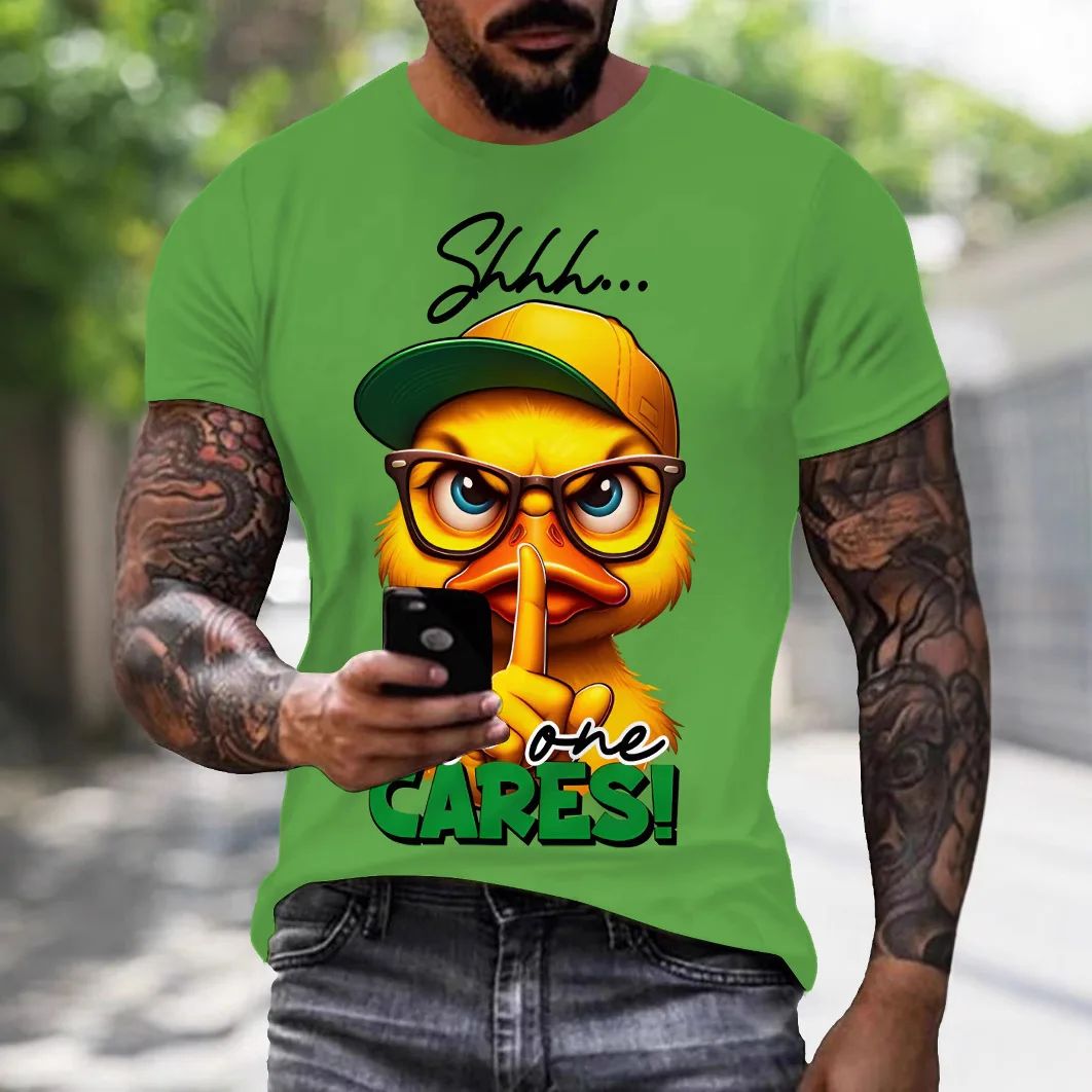 Street fun clothing with 3D digital printing, wearing glasses with a small duck graphic short sleeved round neck casual T-shirt
Street fun clothing with 3D digital printing, wearing glasses with a small duck graphic short sleeved round neck casual T-shirt