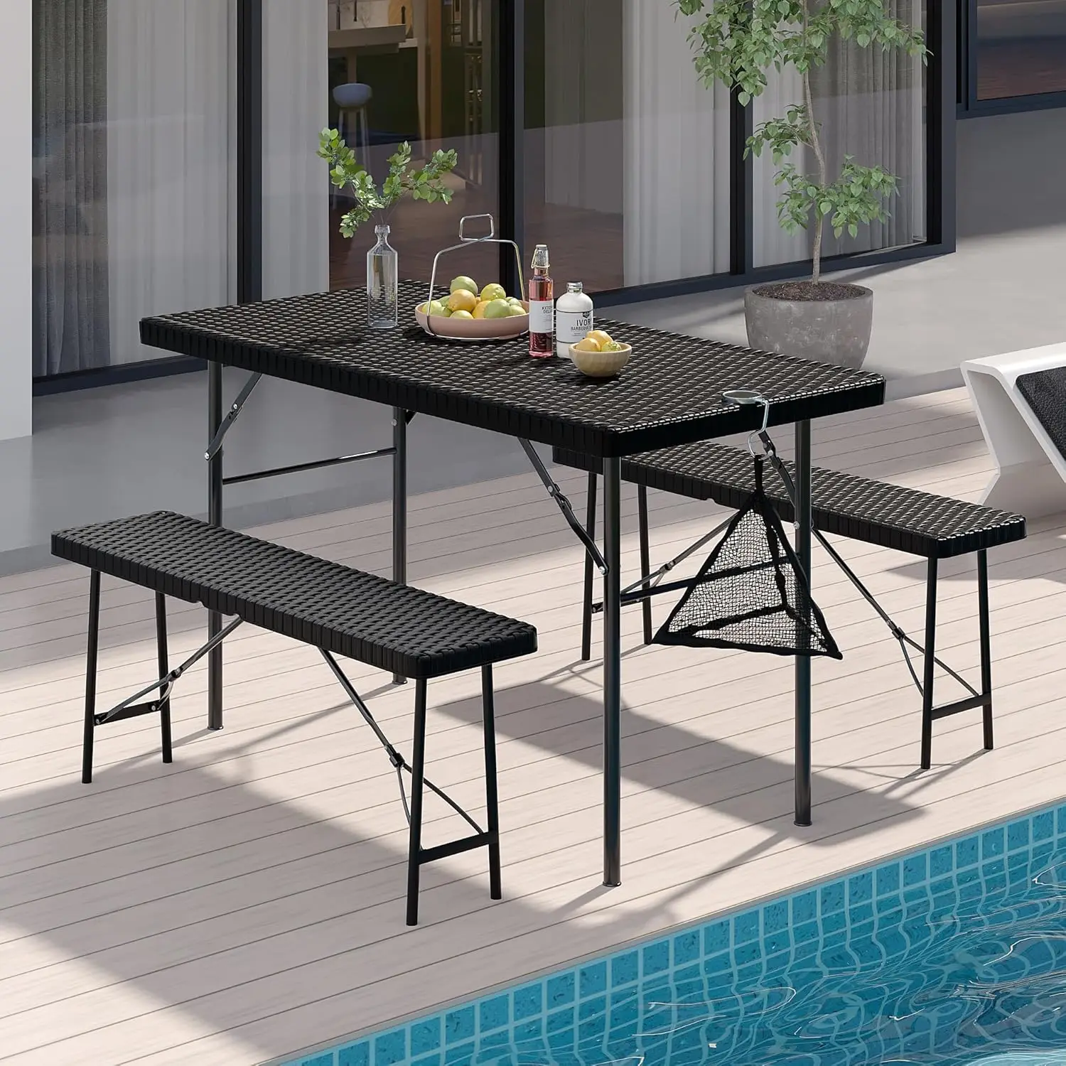 47.2" Folding Picnic Table with 2 Benches, Faux Rattan Patio Set, Heat-Resistant Waterproof, Indoor Outdoor Use, Black
47.2" Folding Picnic Table with 2 Benches, Faux Rattan Patio Set, Heat-Resistant Waterproof, Indoor Outdoor Use, Black