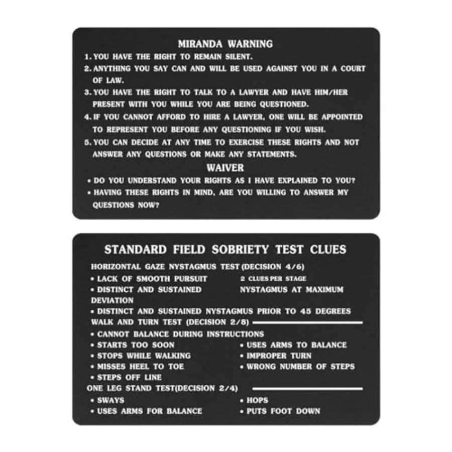 Miranda Warning Card - Miranda Rights Card Metal - Engraved Standard Field Sobriety Test Clues for Law Enforcement Officers
Miranda Warning Card - Miranda Rights Card Metal - Engraved Standard Field Sobriety Test Clues for Law Enforcement Officers