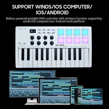 휴대용 USB MIDI 키보드 컨트롤러, M-VAVE 25 MIDI 키보드, 8 개의 백라이트 드럼 패드, 8 개의 노브, 8 개의 RGB 민감 키