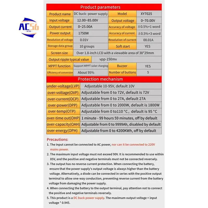 AC56-XY7025 CNC DC Buck Adjustable Regulated Power Supply Constant Voltage And Constant Current Color Screen 70V/25A/1750W
AC56-XY7025 CNC DC Buck Adjustable Regulated Power Supply Constant Voltage And Constant Current Color Screen 70V/25A/1750W