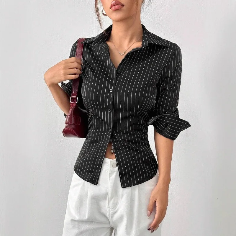 Striped Casual Slim Button Single Breasted T Shirt Long Sleeve Lapel Polo Neck Office Lady Commuter Tops Women Summer Vintage
Striped Casual Slim Button Single Breasted T Shirt Long Sleeve Lapel Polo Neck Office Lady Commuter Tops Women Summer Vintage