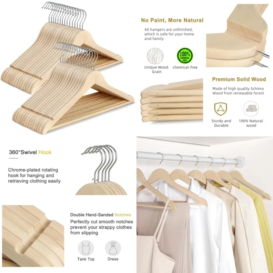 Unfinished Natural Wooden Hangers 30 Pack- 360° Swivel Hook and Smoothly Cut Shoulder Notches-Premium Wood Clothes Hangers for
Unfinished Natural Wooden Hangers 30 Pack- 360° Swivel Hook and Smoothly Cut Shoulder Notches-Premium Wood Clothes Hangers for