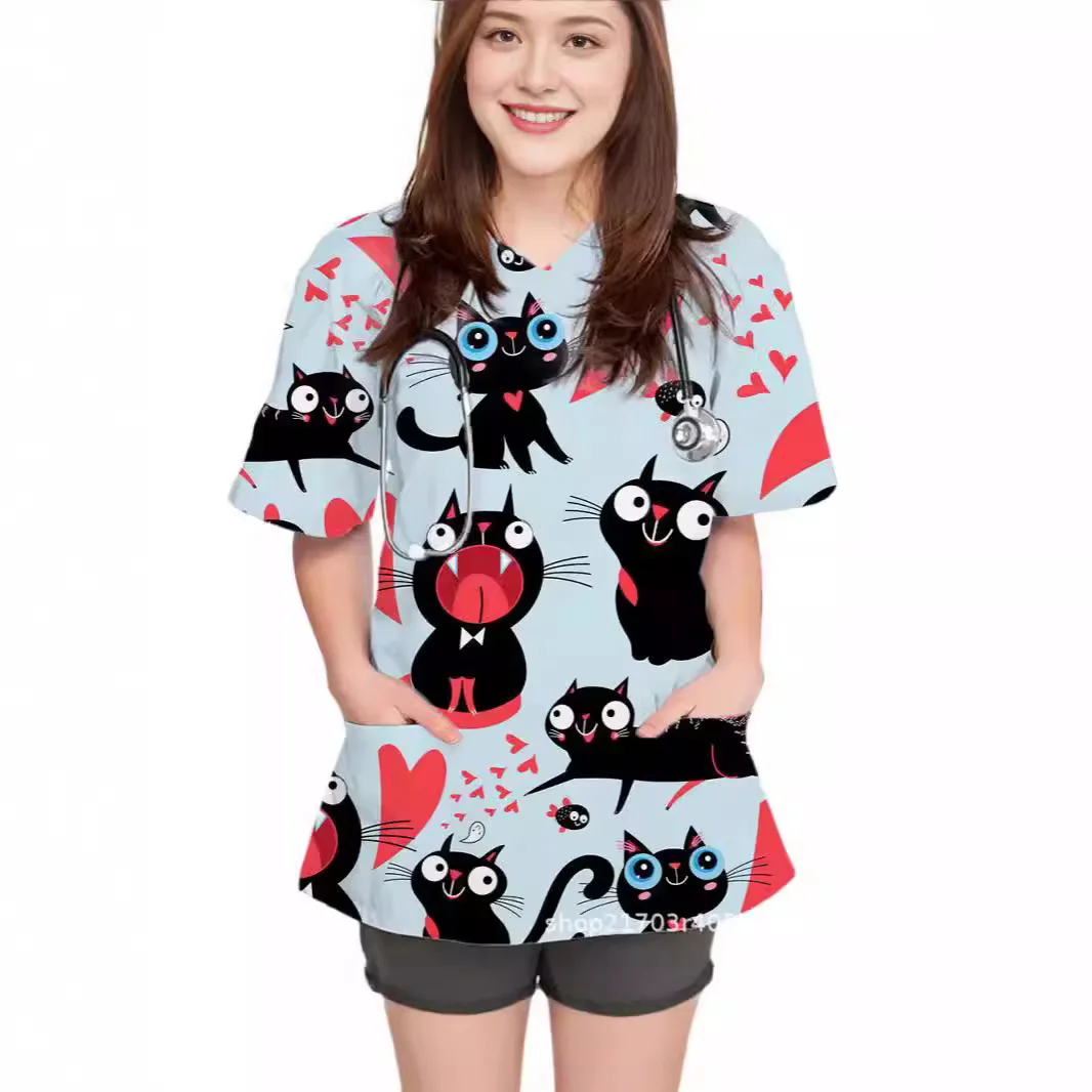 Ladies' V-neck slimming and belly covering casual summer wear 2025 new cartoon cute cat 3D printed T-shirt nurse work uniform
Ladies' V-neck slimming and belly covering casual summer wear 2025 new cartoon cute cat 3D printed T-shirt nurse work uniform