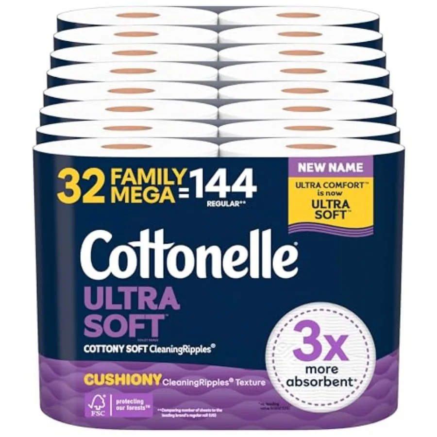 Ultra Soft Toilet Paper with Cushiony CleaningRipples Texture, 32 Family Mega Rolls = 144 Regular Rolls 8 Packs of 4
Ultra Soft Toilet Paper with Cushiony CleaningRipples Texture, 32 Family Mega Rolls = 144 Regular Rolls 8 Packs of 4