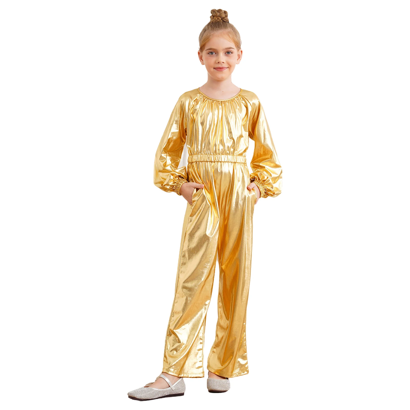 Kids Girls Metallic Jumpsuits Retro Disco Jazz Dance Performance Costume Long Sleeve Elastic Waist Wide-Leg Rompers Streetwear
Kids Girls Metallic Jumpsuits Retro Disco Jazz Dance Performance Costume Long Sleeve Elastic Waist Wide-Leg Rompers Streetwear
