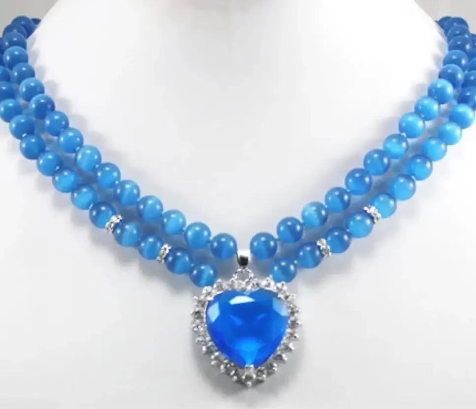 Fashion design 2 rows of 8mm Blue Opal + silver plated metal Heart Pendant Necklace
Fashion design 2 rows of 8mm Blue Opal + silver plated metal Heart Pendant Necklace