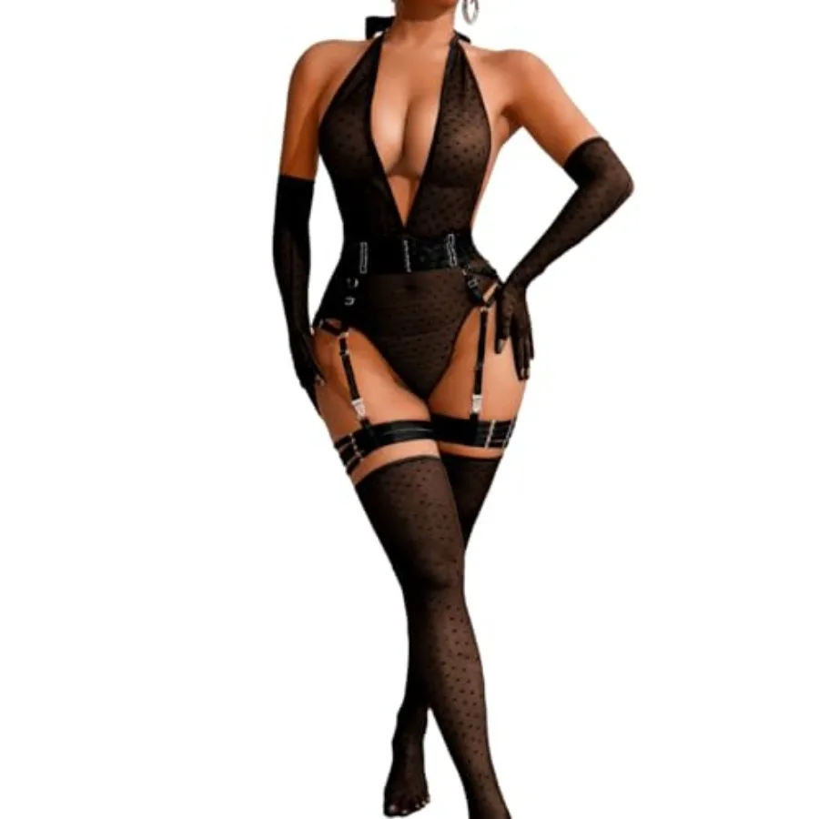 ChiaoLezhee Sheer Mesh Bodysuit, Sexy 5PC Lingerie For Women, Plunge Neck Halter Backless, Garter Belt Thigh High Stockings
ChiaoLezhee Sheer Mesh Bodysuit, Sexy 5PC Lingerie For Women, Plunge Neck Halter Backless, Garter Belt Thigh High Stockings