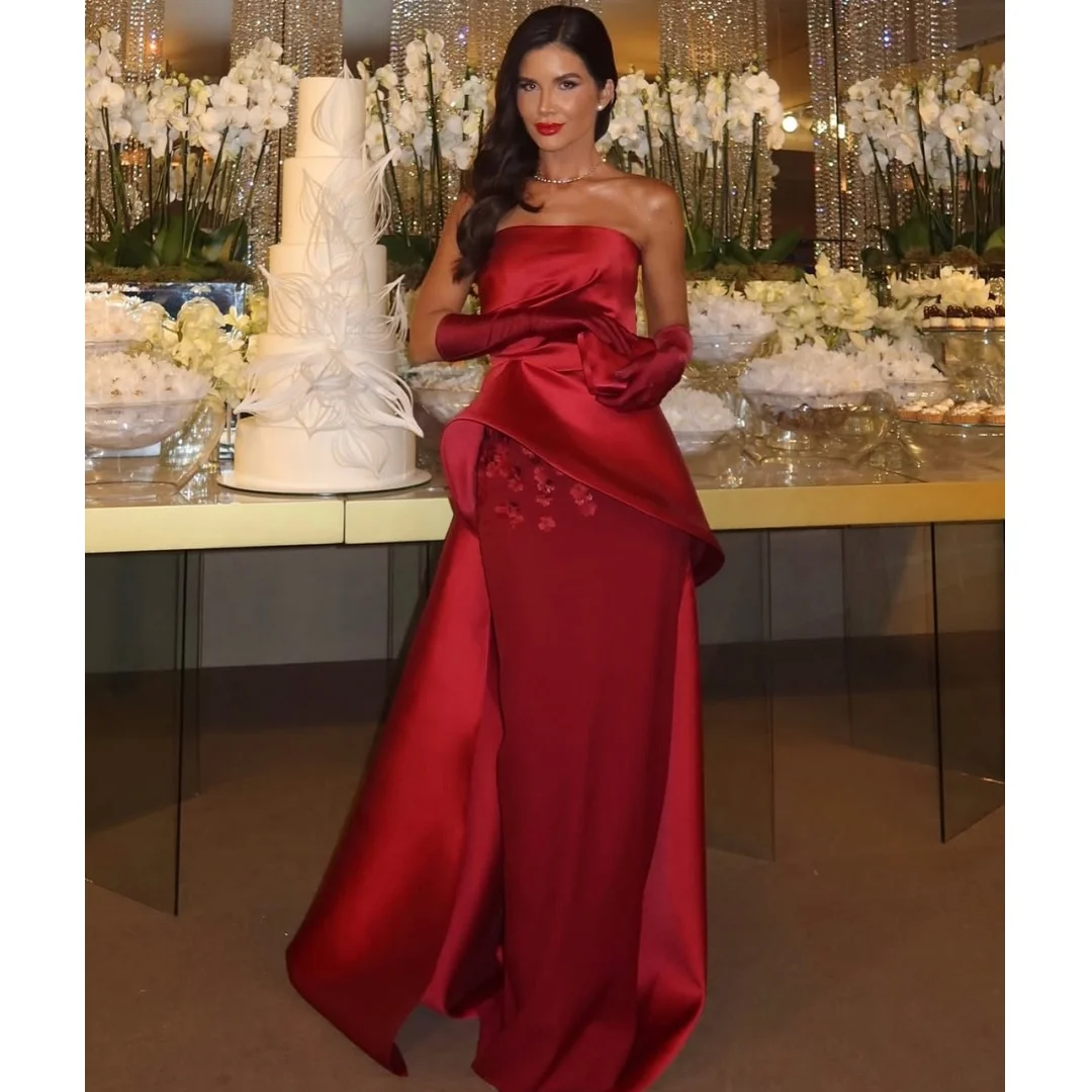 Red Evening Dresses Woman Satin Strapless Prom Dress Lace Appliqued Wedding Party Gown Formal Vestidos Customized
Red Evening Dresses Woman Satin Strapless Prom Dress Lace Appliqued Wedding Party Gown Formal Vestidos Customized