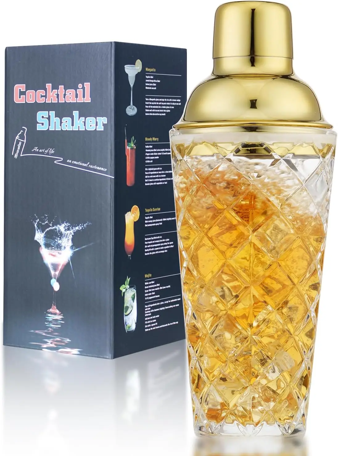 14.2 Oz Glass Martini Shaker with Strainer, Gold Finish for Home Bar Use
14.2 Oz Glass Martini Shaker with Strainer, Gold Finish for Home Bar Use