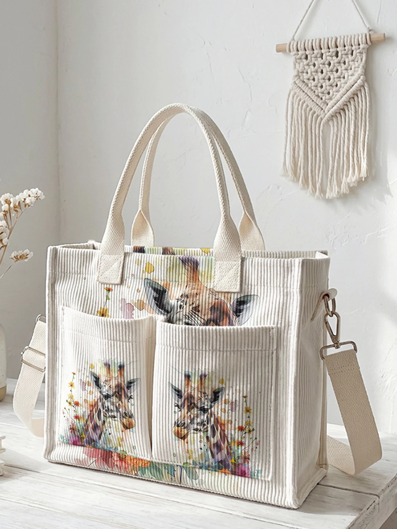 Watercolor Giraffe & Flower Print Corduroy Tote Bag Large Capacity Multi Pocket Animal Lover Commuter Shoulder Bag
Watercolor Giraffe & Flower Print Corduroy Tote Bag Large Capacity Multi Pocket Animal Lover Commuter Shoulder Bag