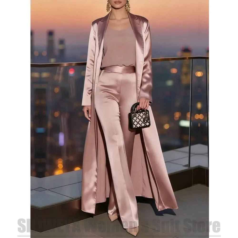 Chic Satin Women Suit Long Blazer with High Waist Pants Two Piece Fashion Elegant Wedding Party Business Daily Casual Outfit
Chic Satin Women Suit Long Blazer with High Waist Pants Two Piece Fashion Elegant Wedding Party Business Daily Casual Outfit