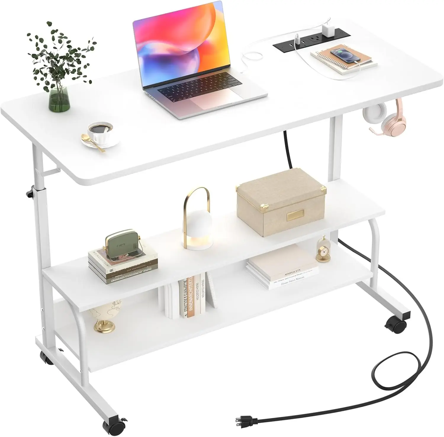 White 39-Inch Portable Height Adjustable Standing Desk on Wheels with Charging Station, 2-Tier Shelves, and Hooks - Easy Assembly Mobile Computer Laptop Table for Couch or Bed
White 39-Inch Portable Height Adjustable Standing Desk on Wheels with Charging Station, 2-Tier Shelves, and Hooks - Easy Assembly Mobile Computer Laptop Table for Couch or Bed
