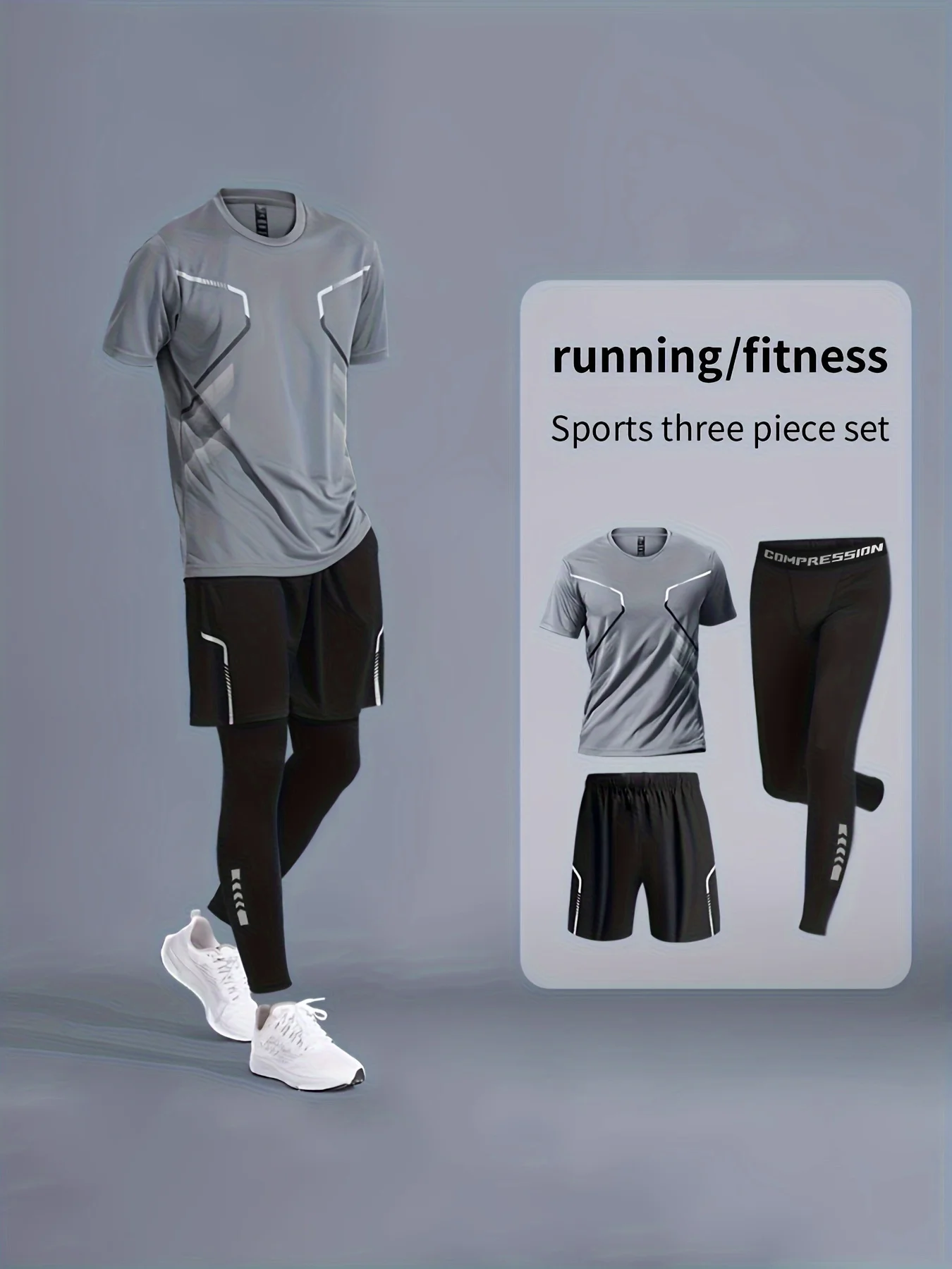 3-piece printed Quick dry tracksuit set for men: Short sleeve T-shirt + breathable shorts + high stretch tights
3-piece printed Quick dry tracksuit set for men: Short sleeve T-shirt + breathable shorts + high stretch tights