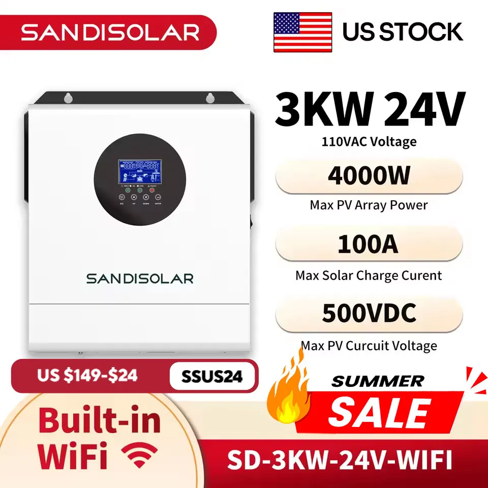 SANDISOLAR 3KW 4000W Hybrid Solar Inverter 24V 110V 100A MPPT Pure Sine Wave Off Grid 50Hz/60Hz for Home Use US Warehouse
SANDISOLAR 3KW 4000W Hybrid Solar Inverter 24V 110V 100A MPPT Pure Sine Wave Off Grid 50Hz/60Hz for Home Use US Warehouse
