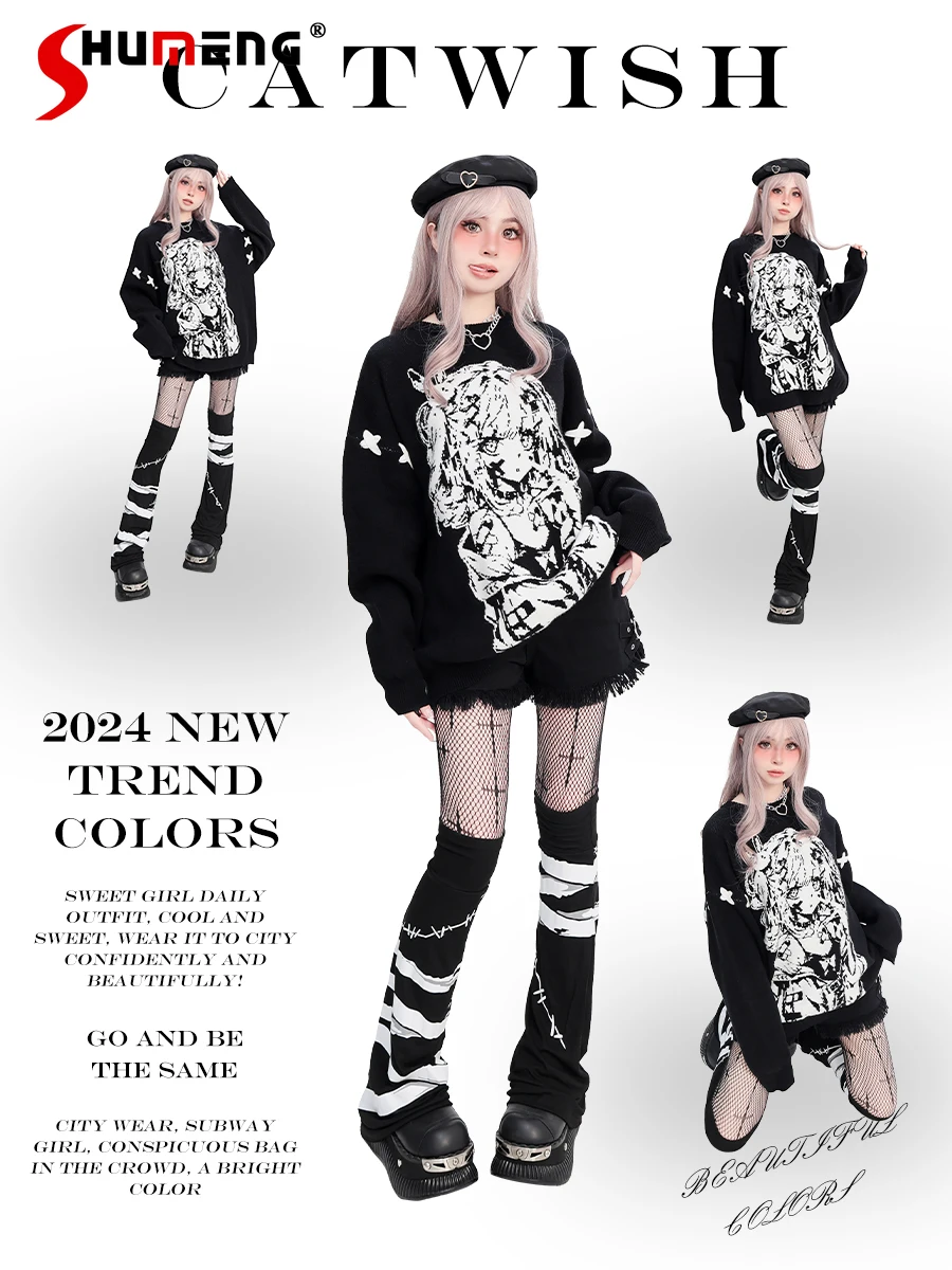 Sweet Cool Kawaii Y2K Knitted Tops Cute Cartoon Girl Round Neck Long Sleeve Loose Casual Black Pullovers Sweaters Women Winter
Sweet Cool Kawaii Y2K Knitted Tops Cute Cartoon Girl Round Neck Long Sleeve Loose Casual Black Pullovers Sweaters Women Winter