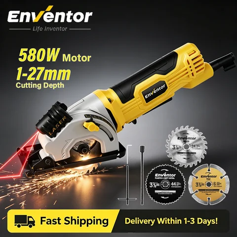 Enventor Mini Circular Saw 580W Motor Electric Circular Saw With 3 Saw Blades 4000RPM Cutting Depth 27mm for Wood Cutting