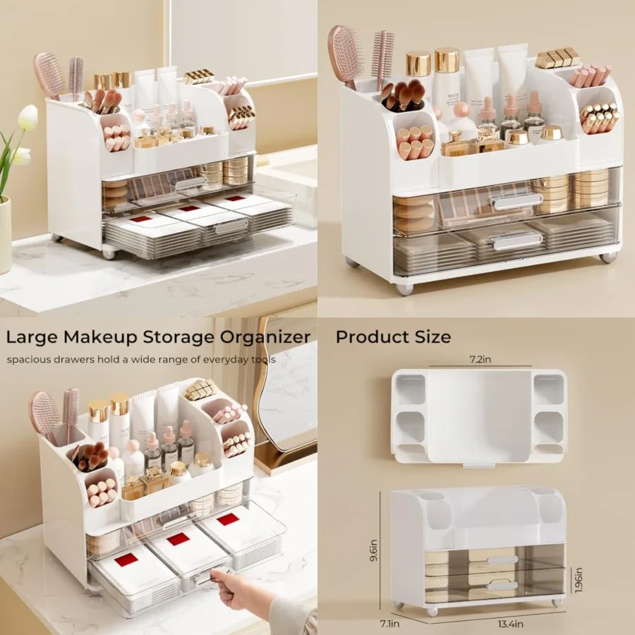 Makeup Organizer for Vanity with 2 Large Drawers, Cosmetic Display Case with Brush Holders, Easy to Storage for Bathroom Countertop Skincare, Perfume, White
Makeup Organizer for Vanity with 2 Large Drawers, Cosmetic Display Case with Brush Holders, Easy to Storage for Bathroom Countertop Skincare, Perfume, White