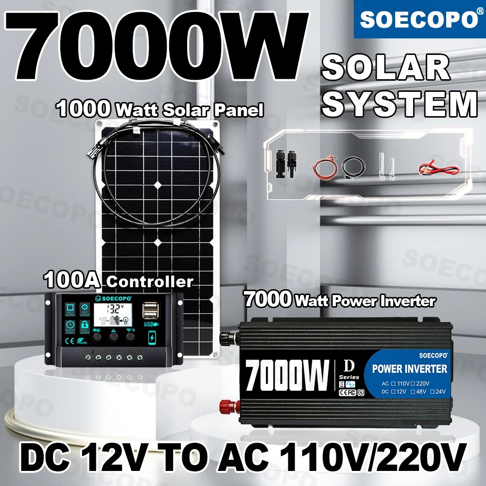 7000W Off Grid Peak Solar System Kit DC 12V To AC 110V/220V Inverter 1000W Panel 100A Controller Complete For ourdoor garden car
7000W Off Grid Peak Solar System Kit DC 12V To AC 110V/220V Inverter 1000W Panel 100A Controller Complete For ourdoor garden car