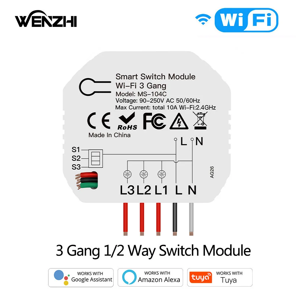 Wifi 3Gang 1/2 Way Mini DIY Light Switch Module Automation Wireless Remote Control Smart Life Tuya Alexa Google Home Assistant
Wifi 3Gang 1/2 Way Mini DIY Light Switch Module Automation Wireless Remote Control Smart Life Tuya Alexa Google Home Assistant