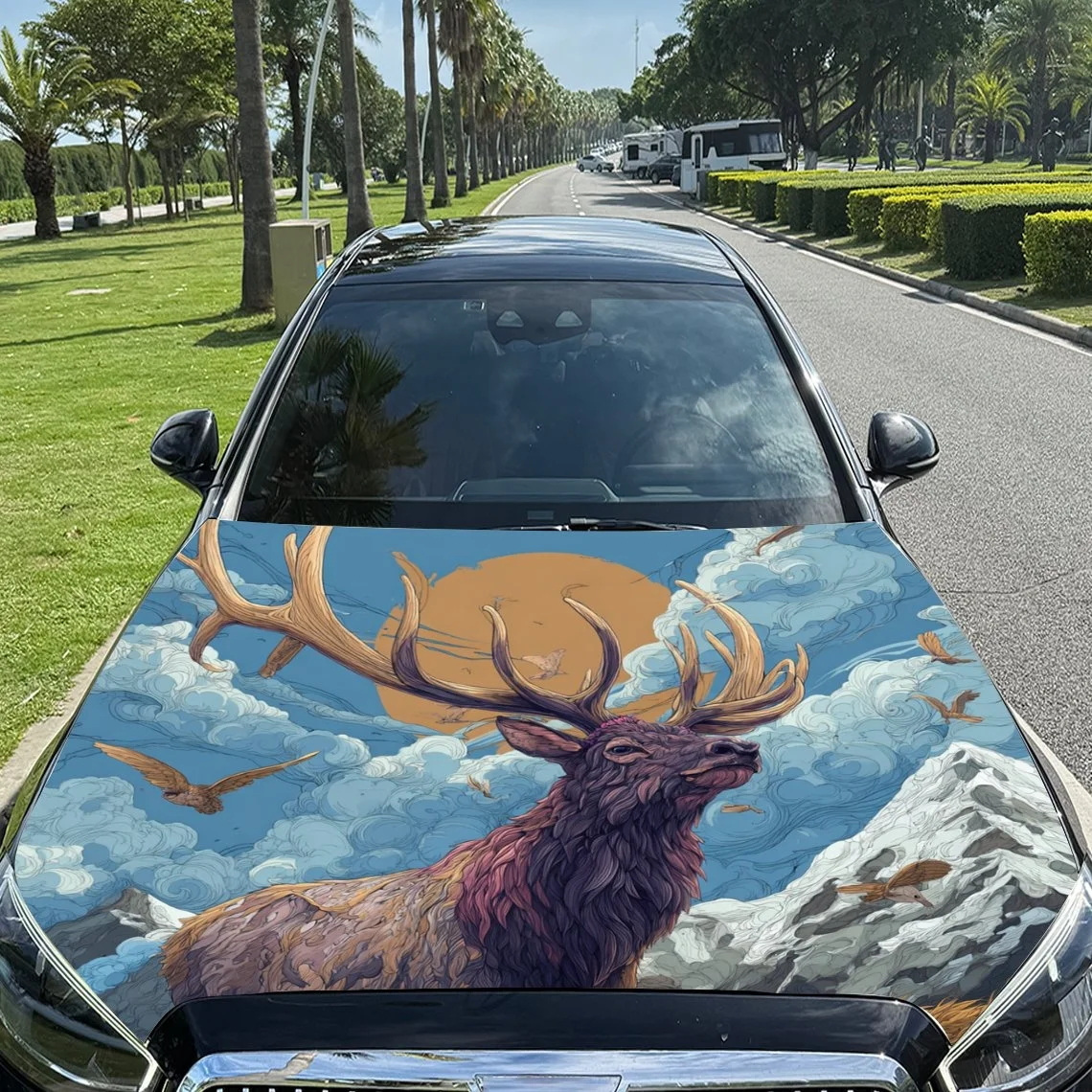 A majestic elk with antlers stands against a backdrop of mountains, clouds, and a setting sun. Perfect for car hood art.Hood Wra
A majestic elk with antlers stands against a backdrop of mountains, clouds, and a setting sun. Perfect for car hood art.Hood Wra