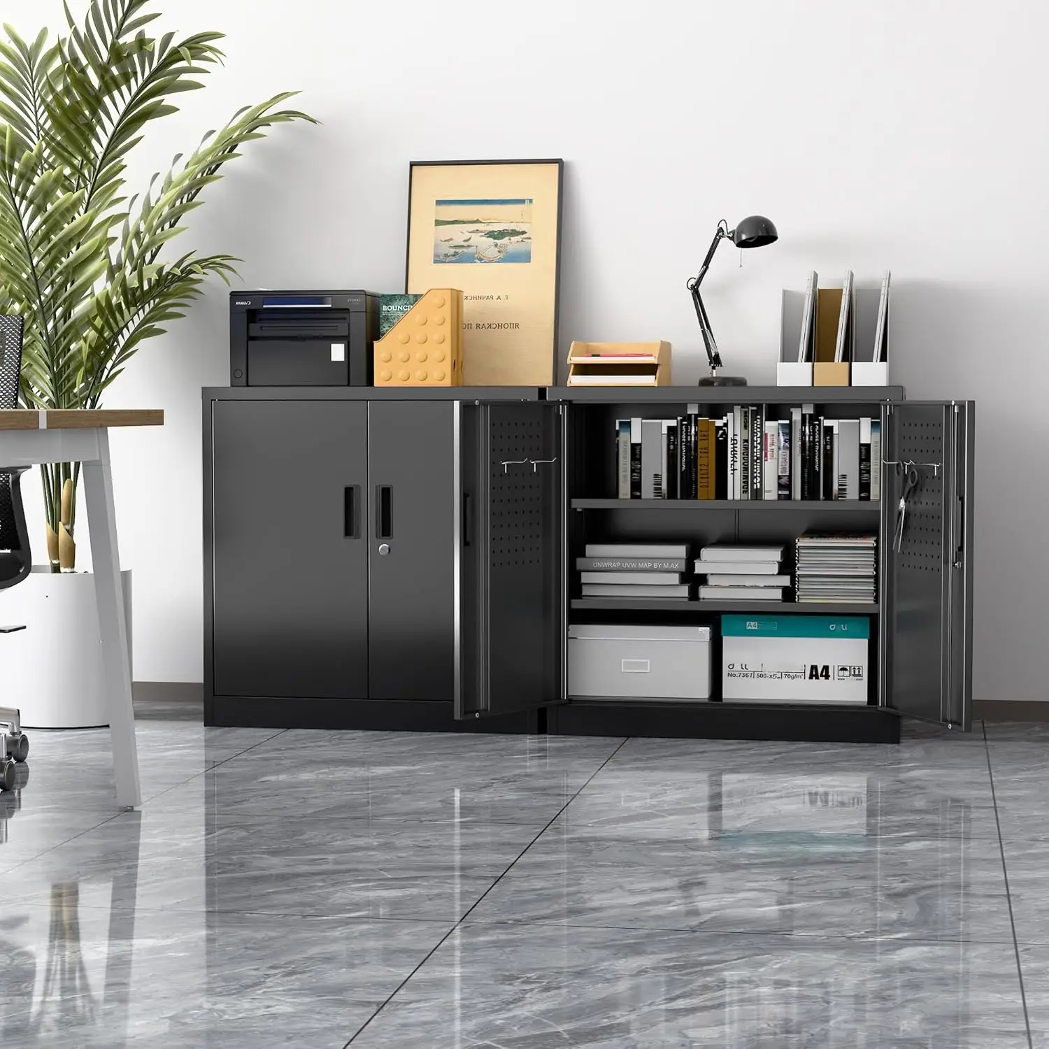 31.5" H Metal Storage Cabinet with 2 Shelves, Steel Lockable Cabinet with 4 Hooks for Home Office Garage, Black
31.5" H Metal Storage Cabinet with 2 Shelves, Steel Lockable Cabinet with 4 Hooks for Home Office Garage, Black