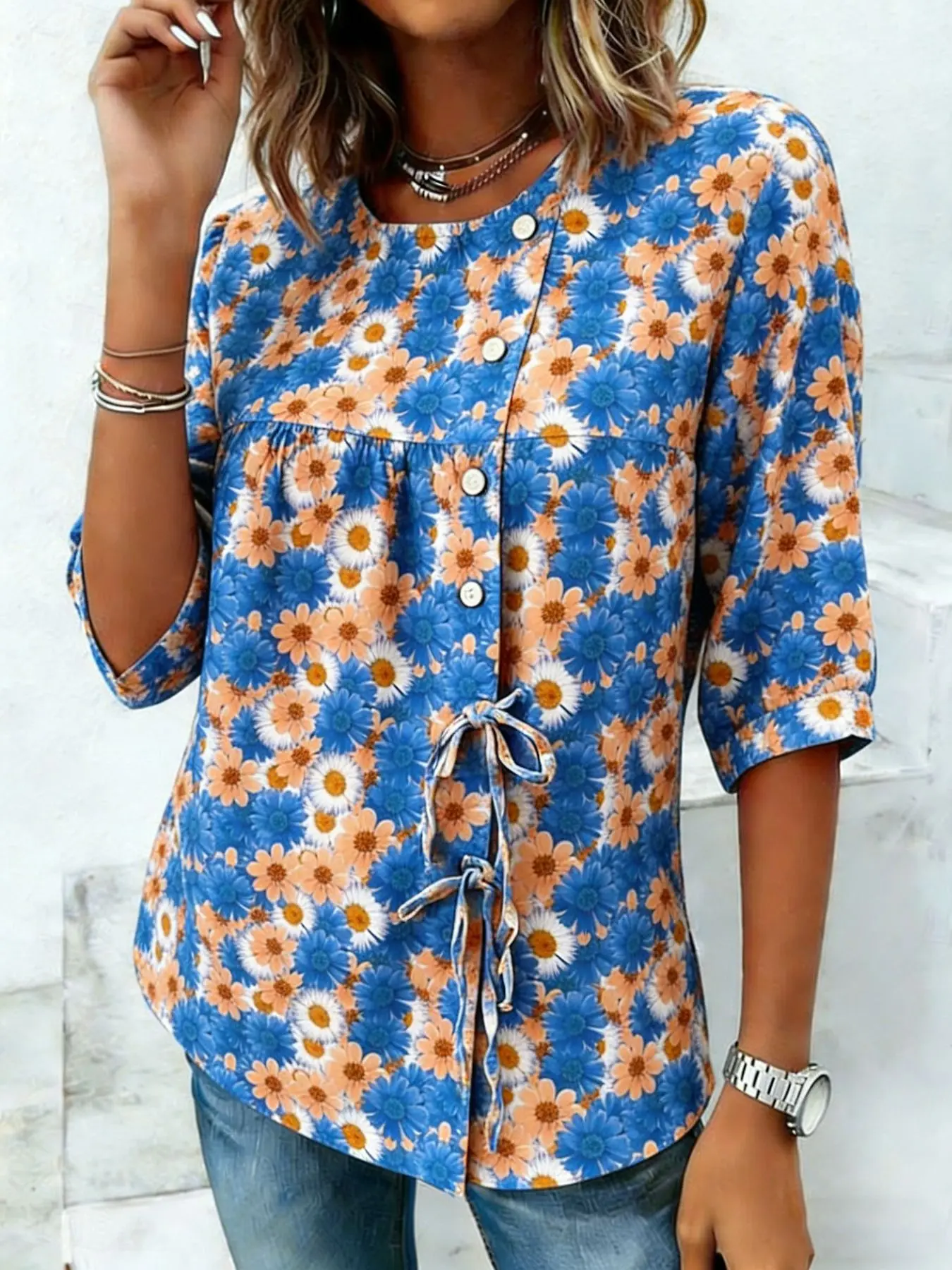 Women's Blue Daisy Floral Print Drawstring Button Up Blouse, Casual Round Neck Tops for Spring Summer Daily Vacation Wear
Women's Blue Daisy Floral Print Drawstring Button Up Blouse, Casual Round Neck Tops for Spring Summer Daily Vacation Wear