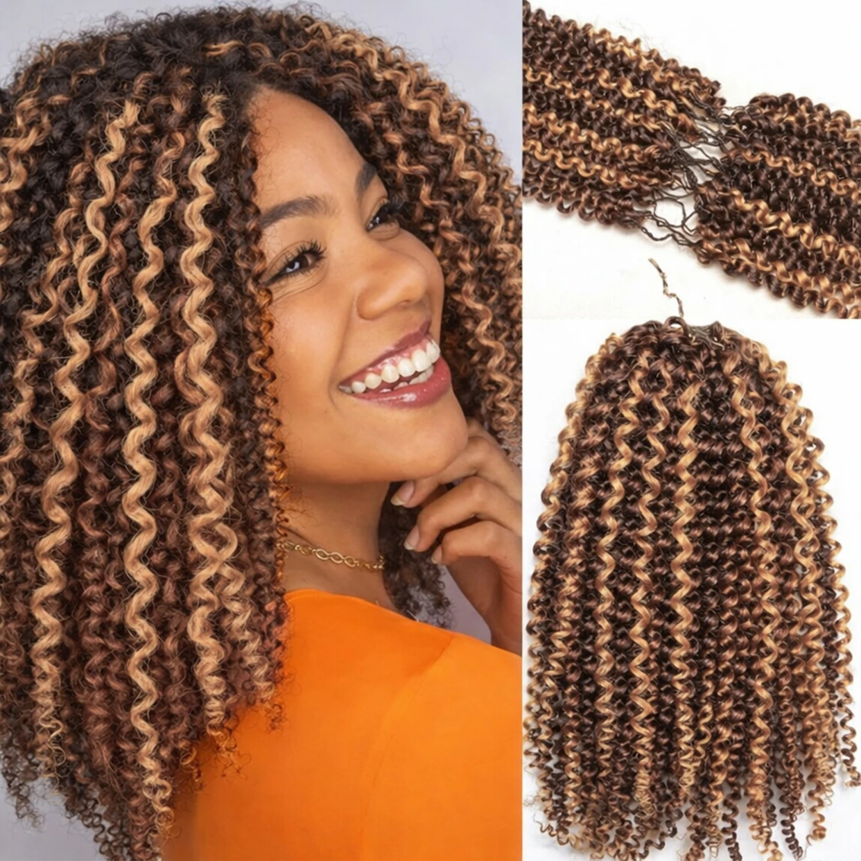 4/27 Highlight Feather Crochet Real Human Hair Curly Handmade Pre-Separated Dark Brown and Blonde Kinky Curly Hair Extensions
4/27 Highlight Feather Crochet Real Human Hair Curly Handmade Pre-Separated Dark Brown and Blonde Kinky Curly Hair Extensions