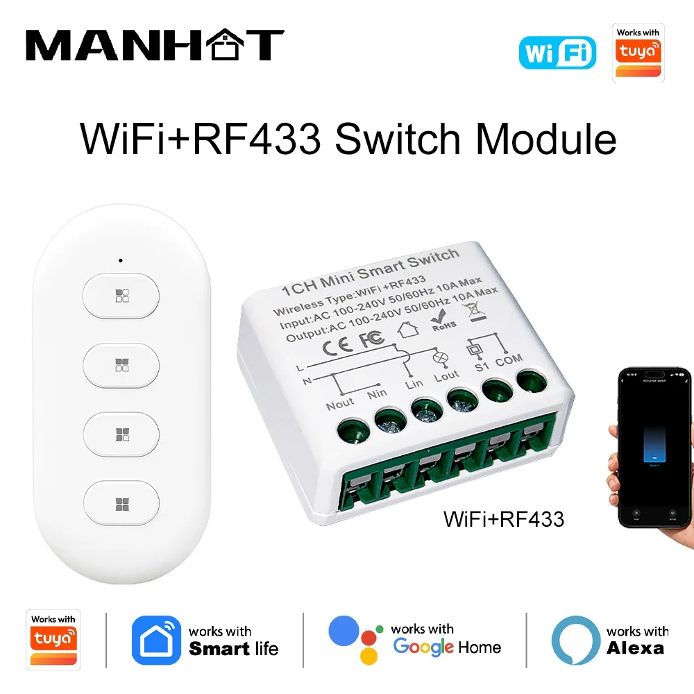 For Tuya WIFI 10A Smart Light Switches RF433 Mhz Remote Control Switches DIY Home Automation Module 2 Way Control for Lamp LED