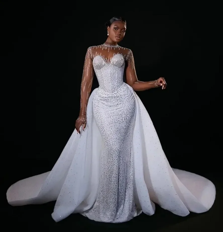 Customized High Collar Long Sleeves Beads Sequin Wedding Dress Robe De Mariée Long Sleeves Detachable Train Bridal Gown
Customized High Collar Long Sleeves Beads Sequin Wedding Dress Robe De Mariée Long Sleeves Detachable Train Bridal Gown