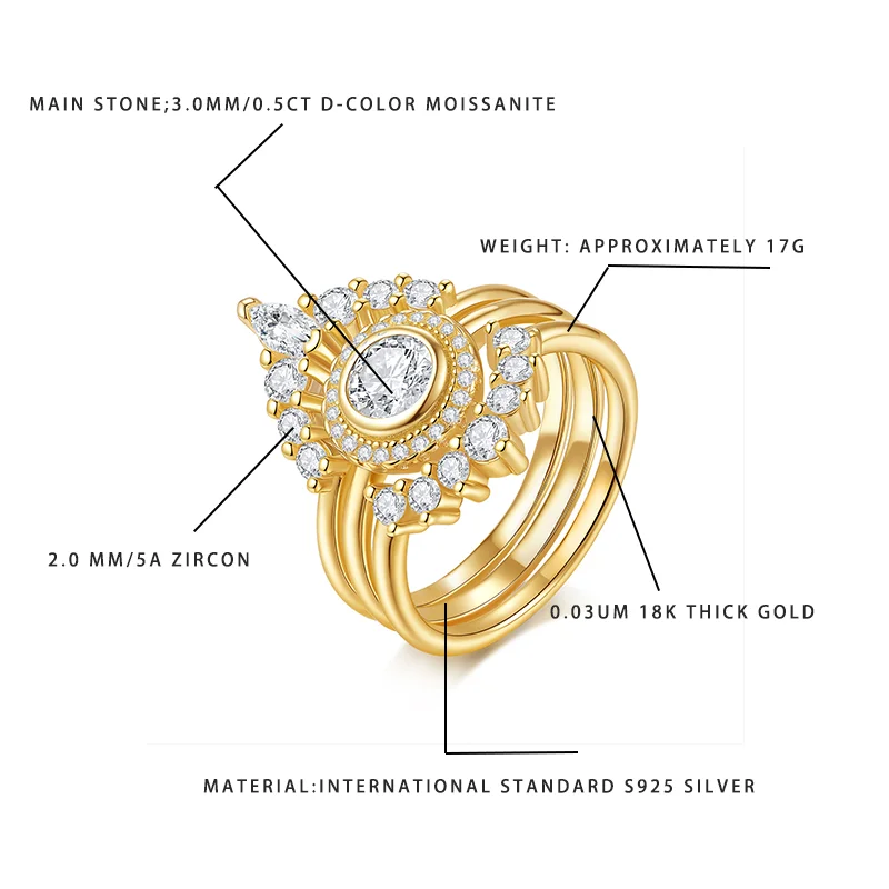 Sparkling D-Color Moissanite Zircon Ring 18K Gold Plated S925 Silver 3.0MM Main Stone Female Fashion Statement Jewelry
Sparkling D-Color Moissanite Zircon Ring 18K Gold Plated S925 Silver 3.0MM Main Stone Female Fashion Statement Jewelry
